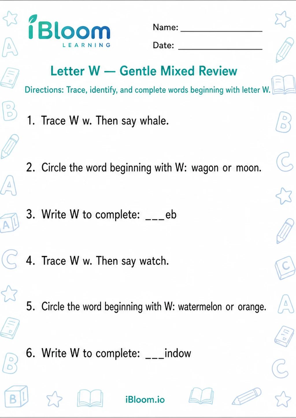 Preview page 1 of Letter W — Gentle Mixed Review
