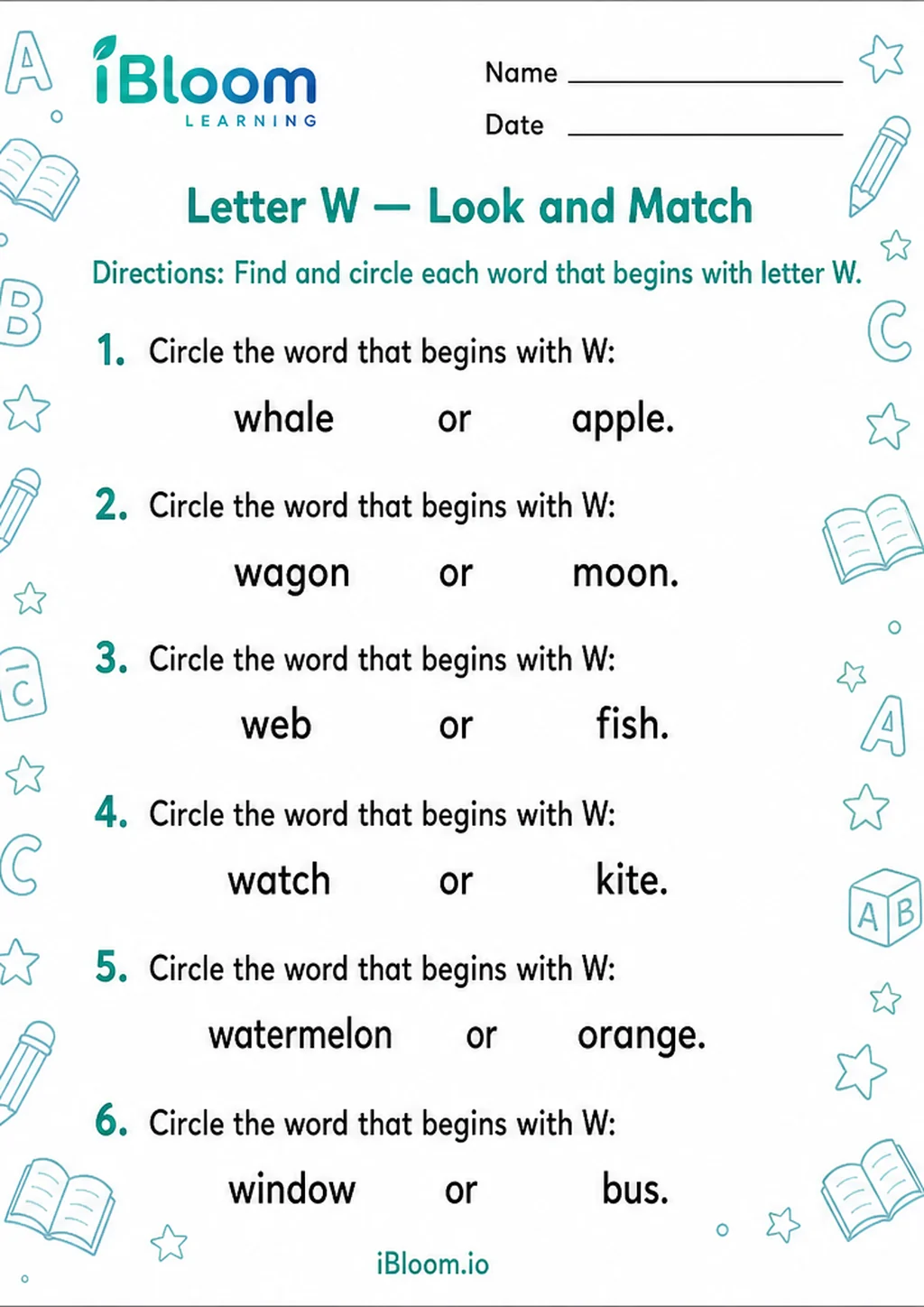 Preview page 1 of Letter W — Look and Match