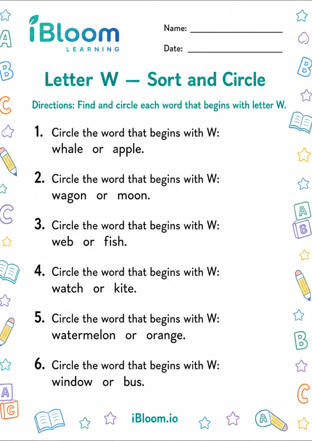 Preview of Letter W — Sort and Circle worksheet