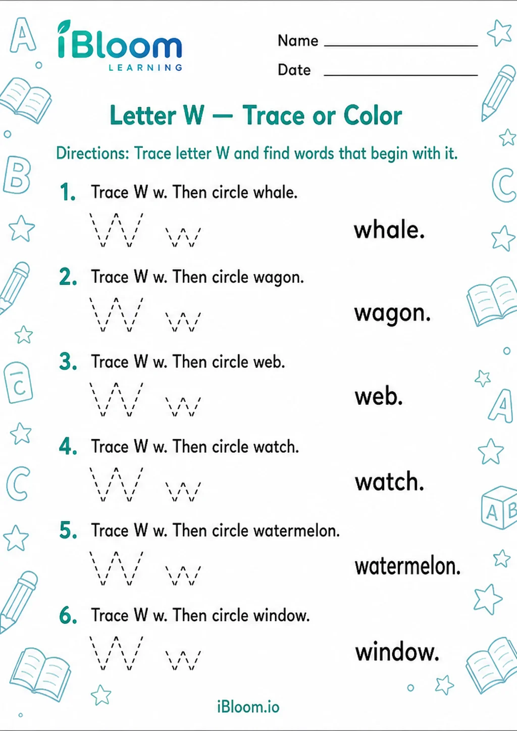 Preview page 1 of Letter W — Trace or Color