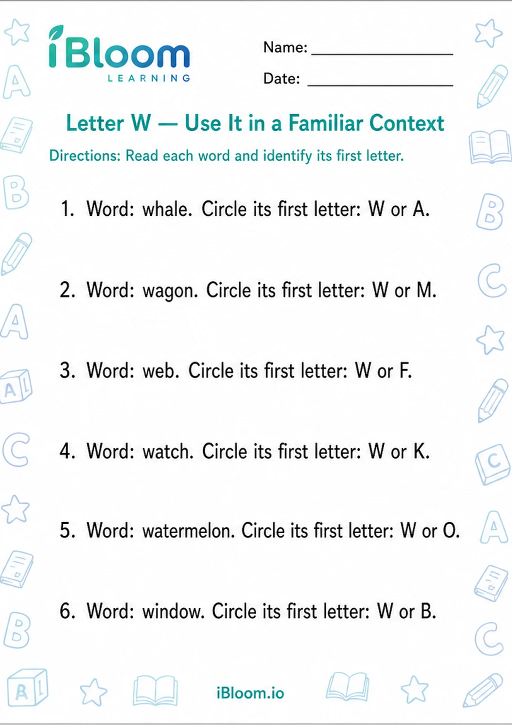 Preview page 1 of Letter W — Use It in a Familiar Context