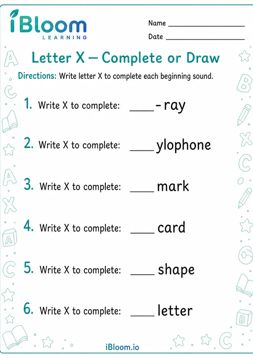 Letter X — Complete or Draw printable Preschool worksheet preview