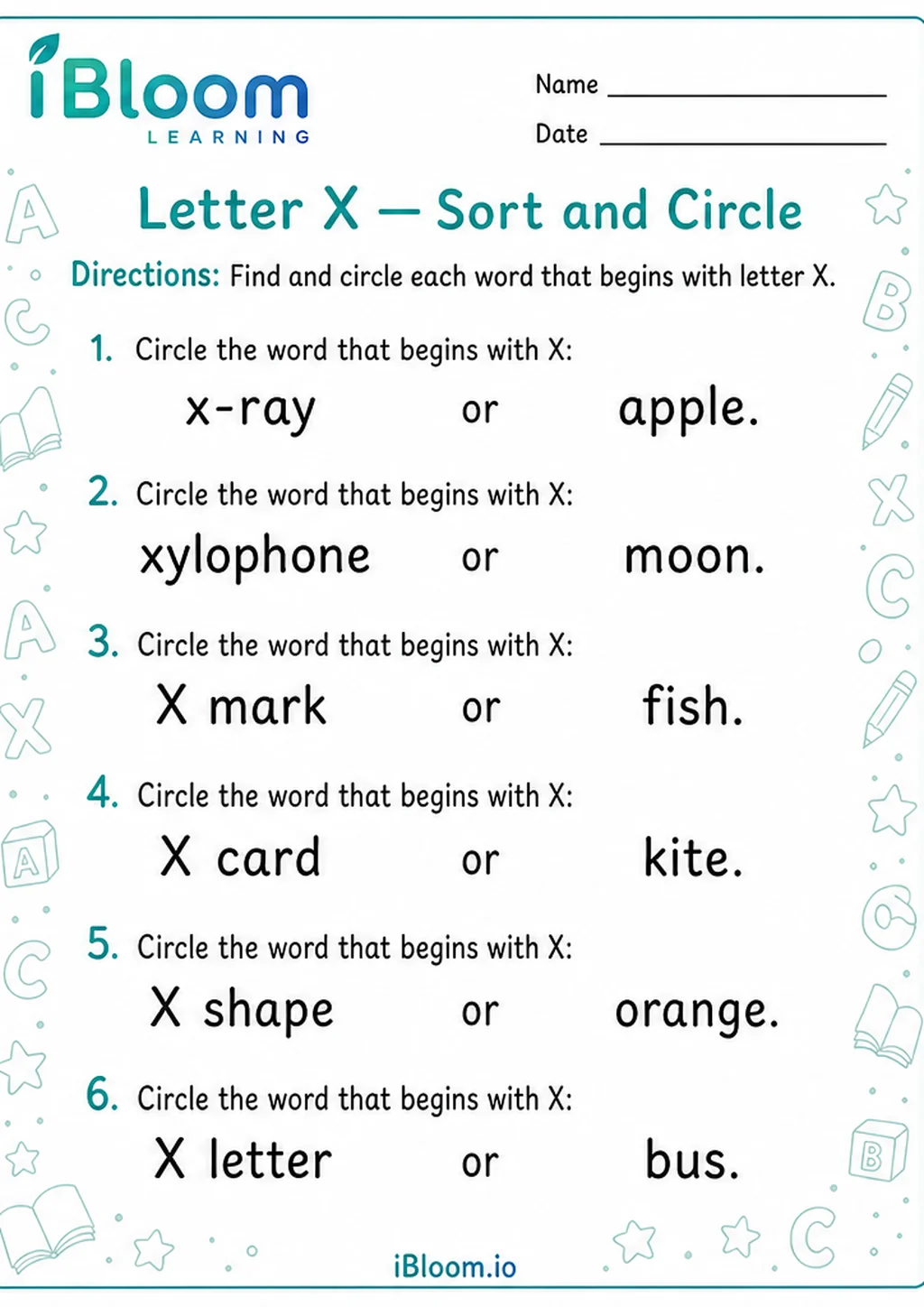 Letter X — Sort and Circle printable Preschool worksheet preview