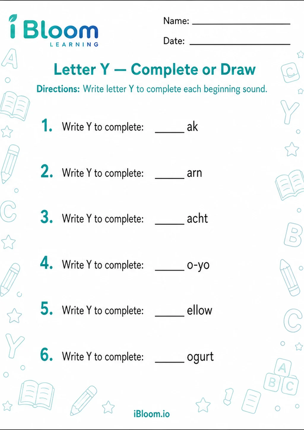 Preview page 1 of Letter Y — Complete or Draw