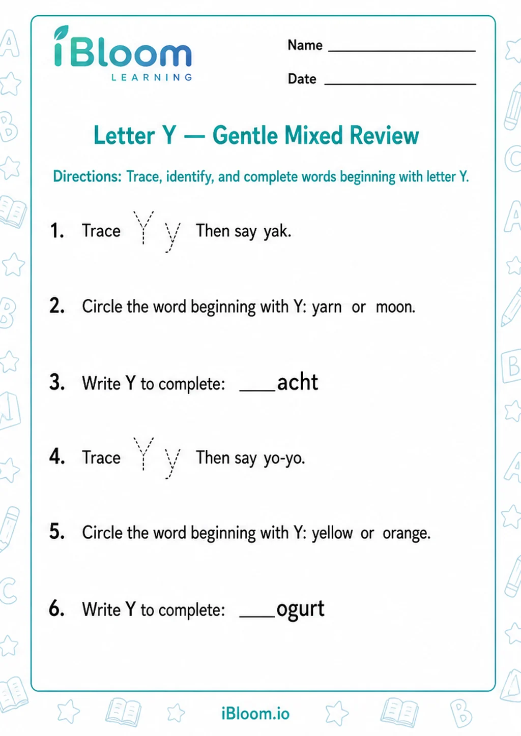 Preview page 1 of Letter Y — Gentle Mixed Review