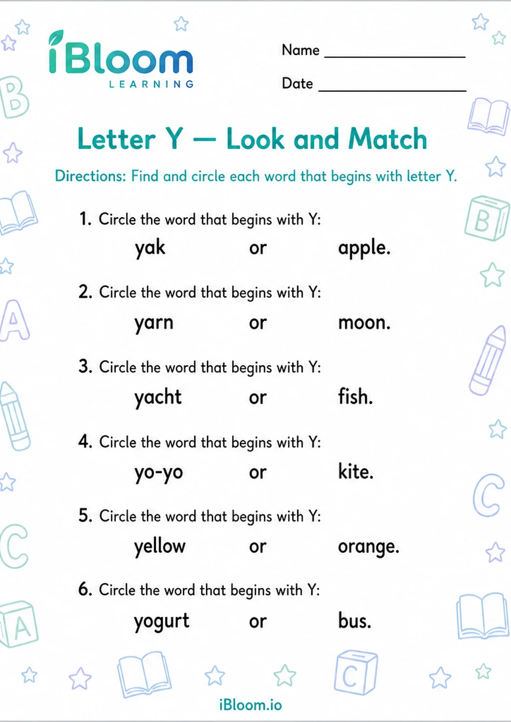 Preview page 1 of Letter Y — Look and Match