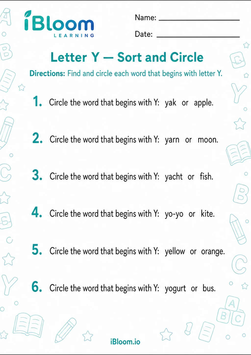 Preview page 1 of Letter Y — Sort and Circle