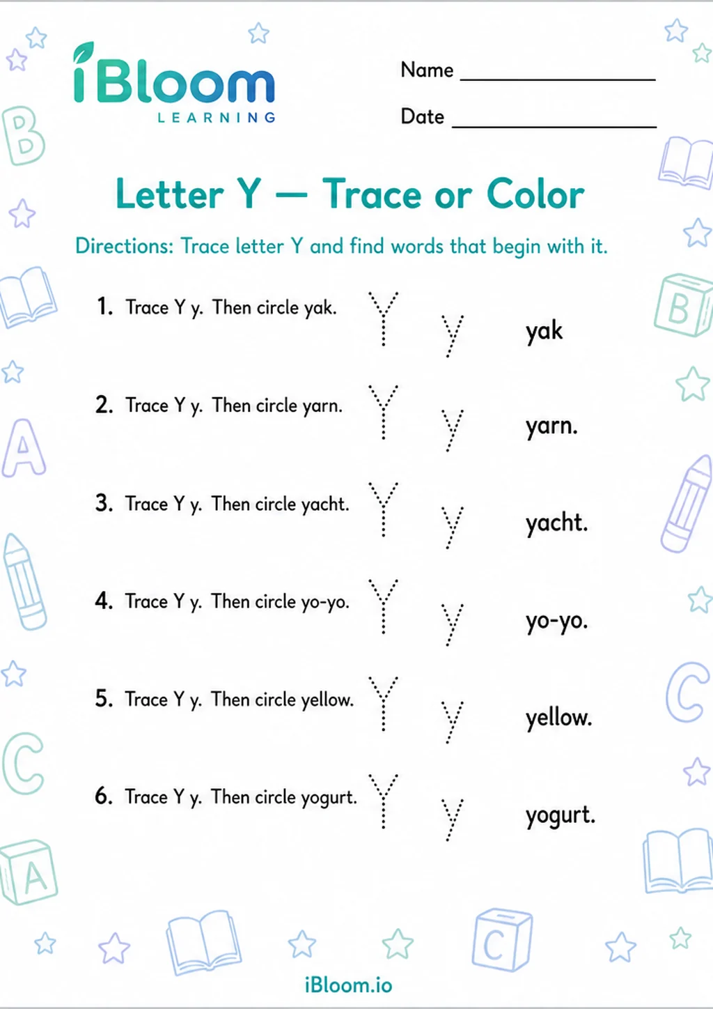 Preview page 1 of Letter Y — Trace or Color