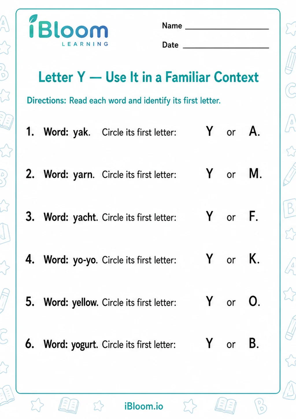 Preview of Letter Y — Use It in a Familiar Context worksheet