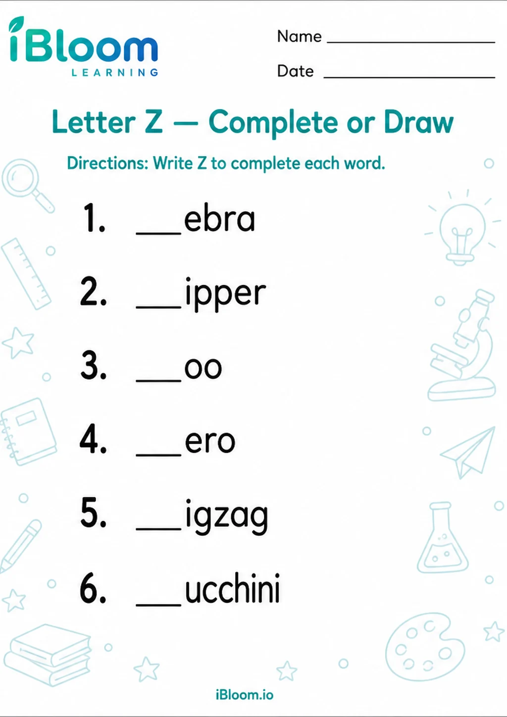 Preview page 1 of Letter Z — Complete or Draw