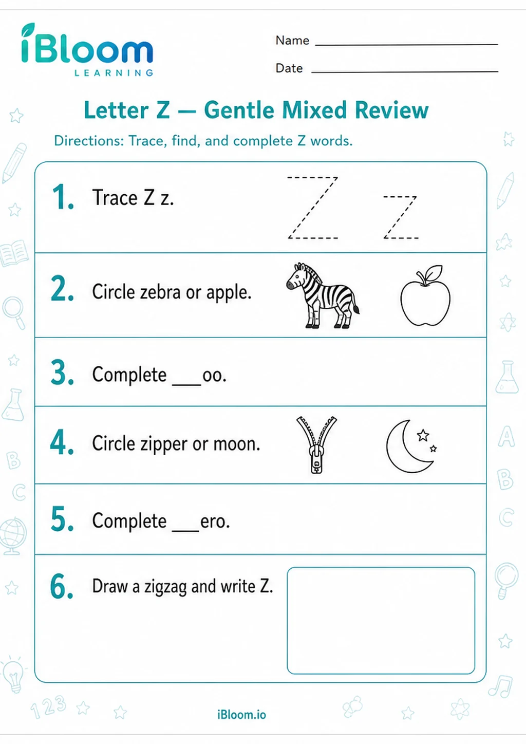 Preview page 1 of Letter Z — Gentle Mixed Review