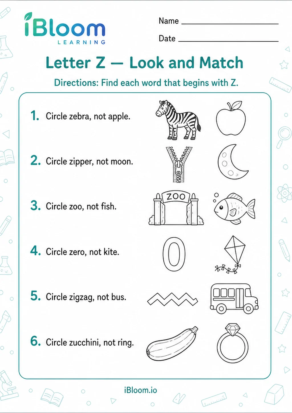 Preview page 1 of Letter Z — Look and Match