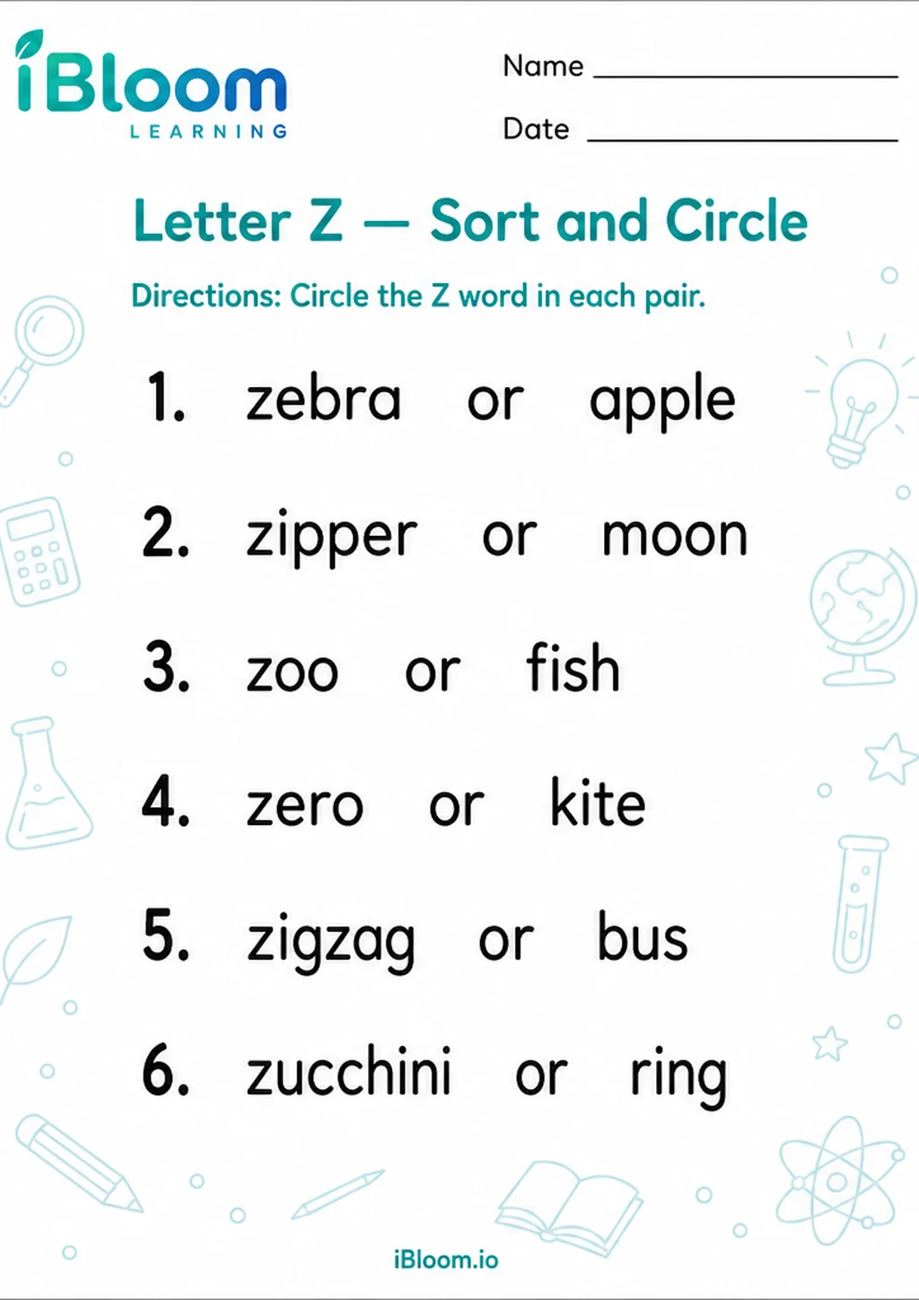 Letter Z — Sort and Circle printable Preschool worksheet preview