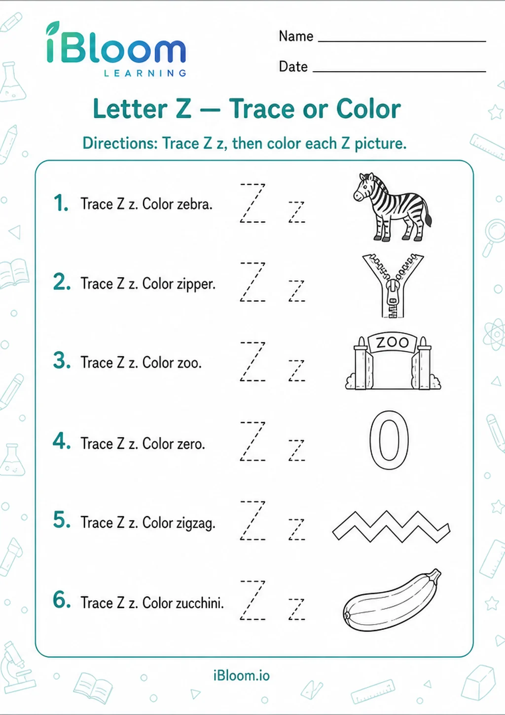 Preview page 1 of Letter Z — Trace or Color