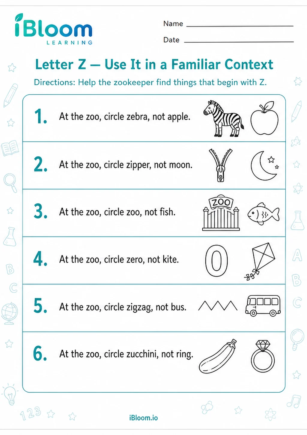 Letter Z — Use It in a Familiar Context printable Preschool worksheet preview