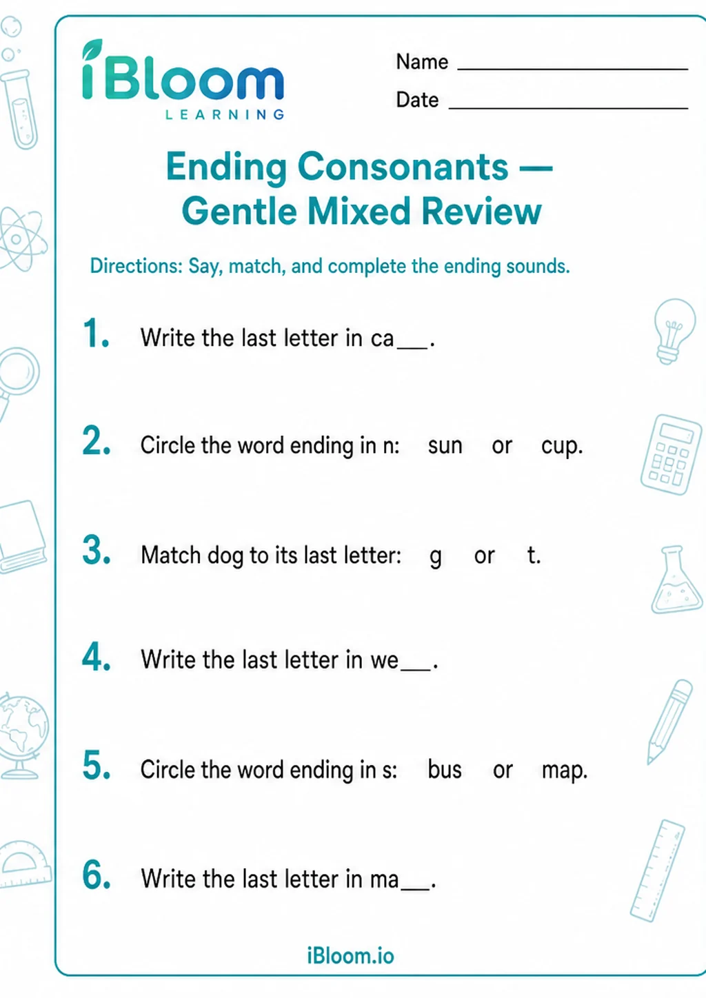 Preview of Ending Consonants — Gentle Mixed Review worksheet