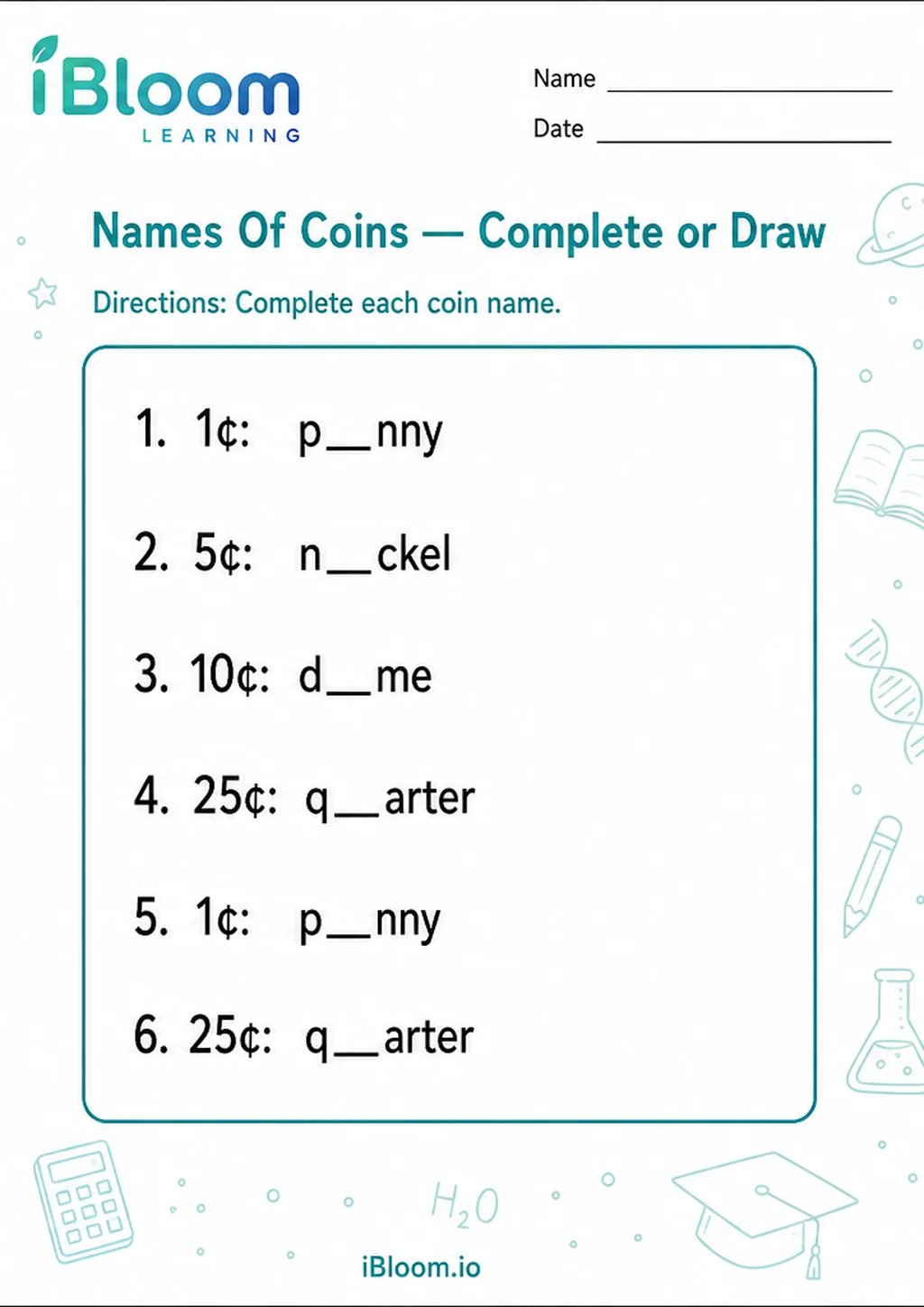 Preview page 1 of Names Of Coins — Complete or Draw