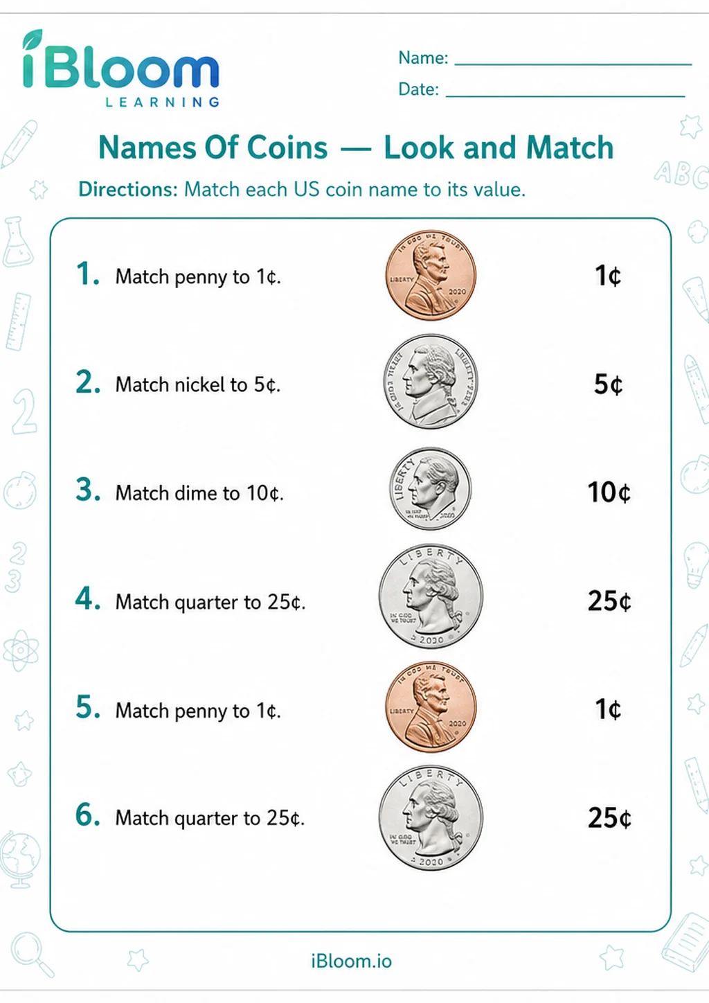 Preview page 1 of Names Of Coins — Look and Match