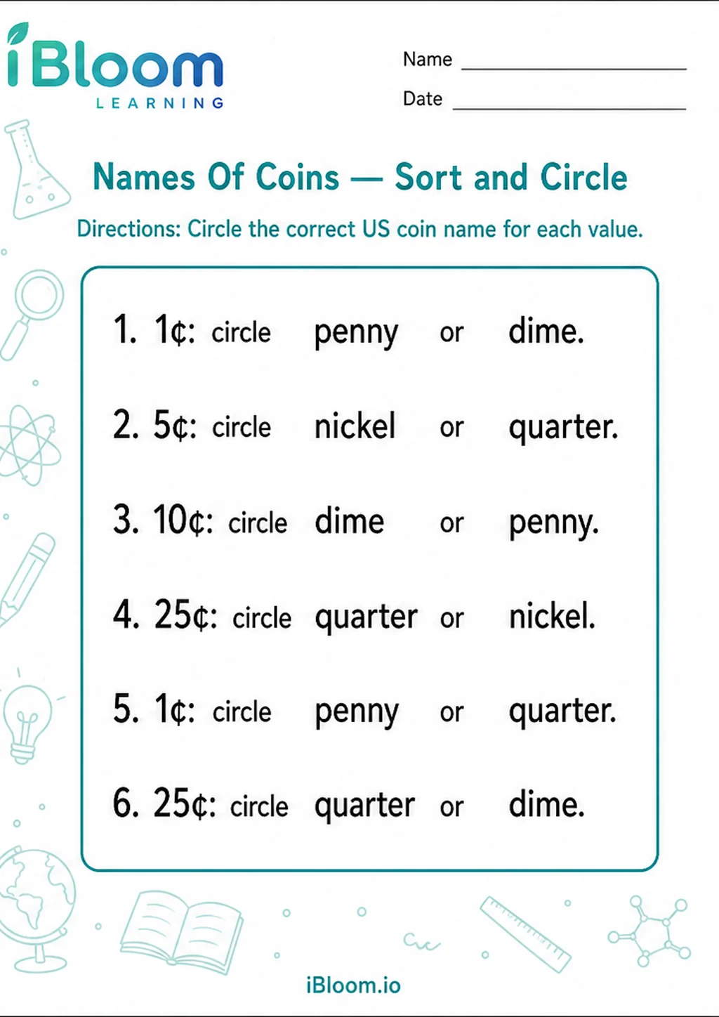 Preview page 1 of Names Of Coins — Sort and Circle