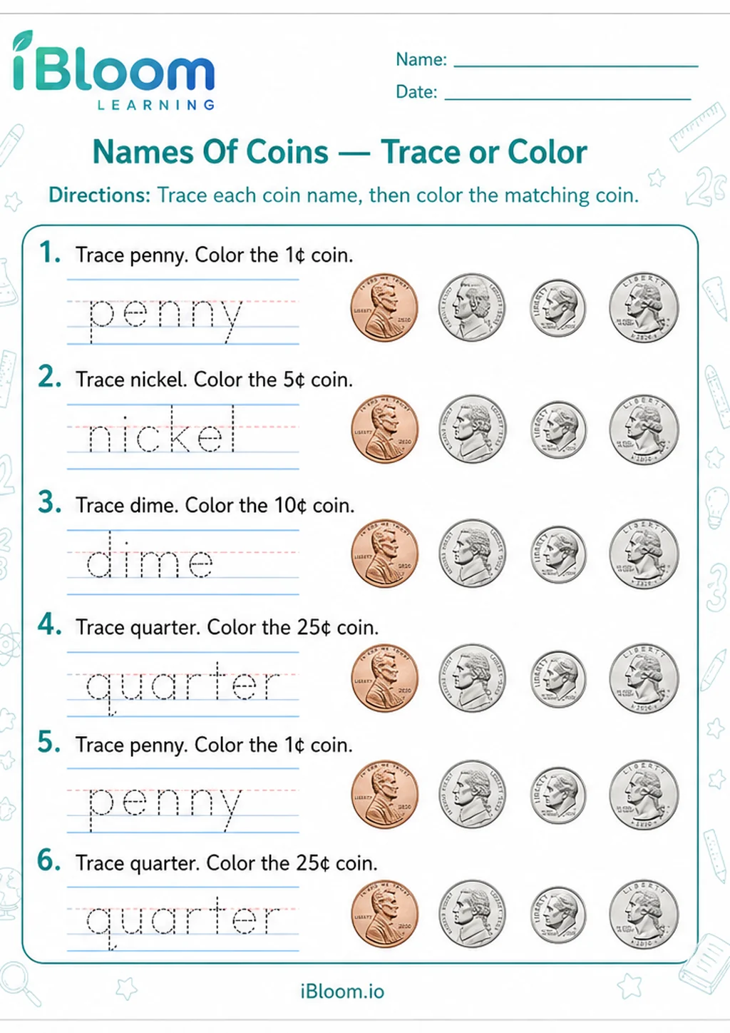 Preview page 1 of Names Of Coins — Trace or Color