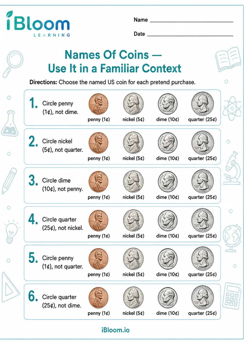Preview page 1 of Names Of Coins — Use It in a Familiar Context