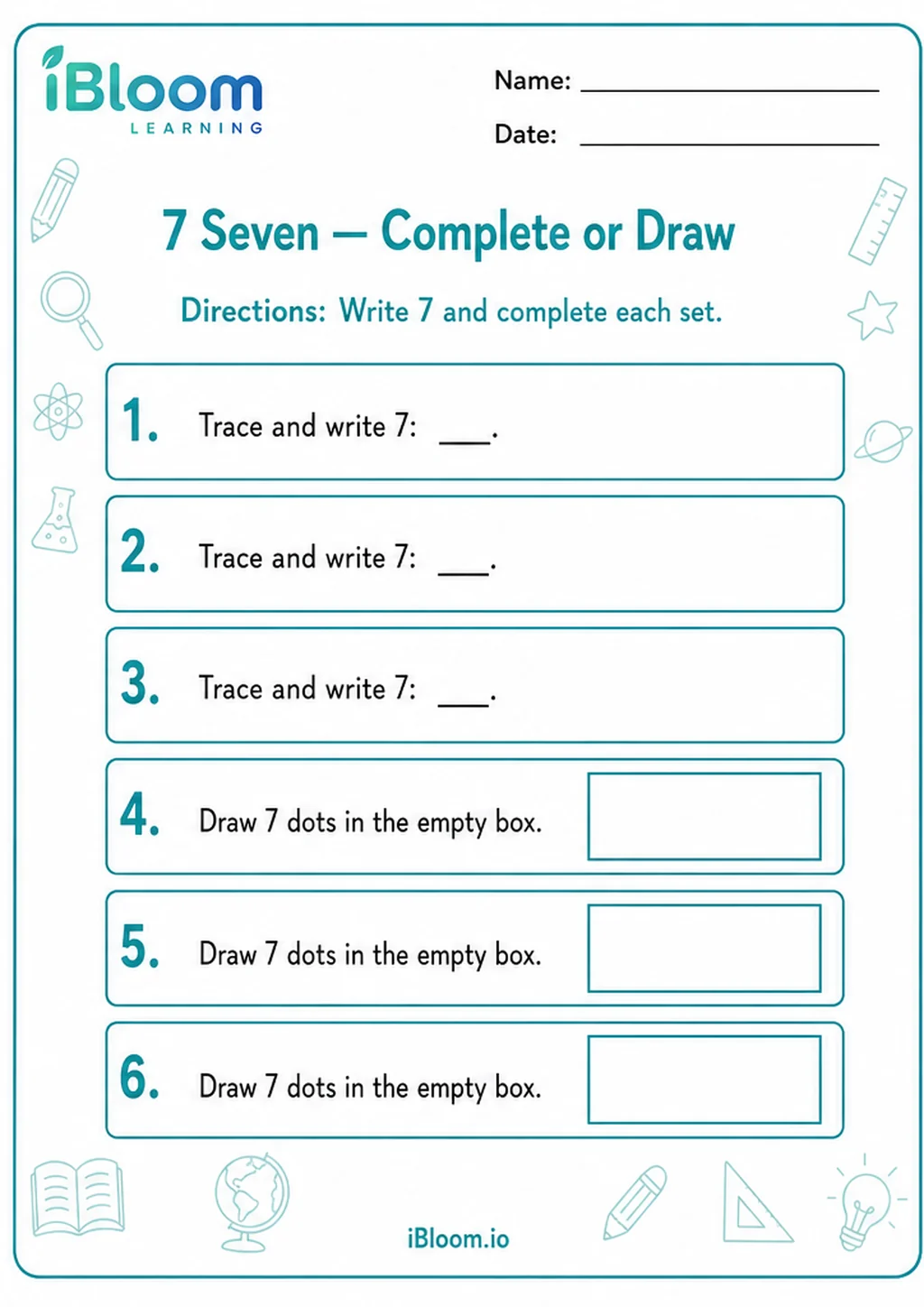 Preview of 7 Seven — Complete or Draw worksheet