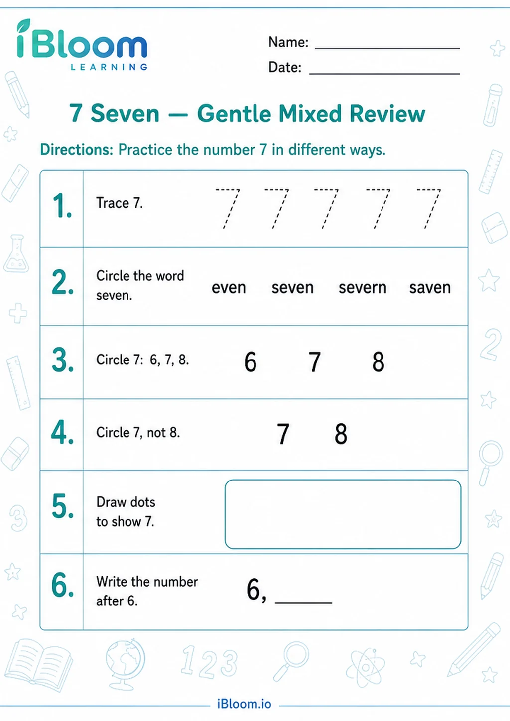 Preview of 7 Seven — Gentle Mixed Review worksheet