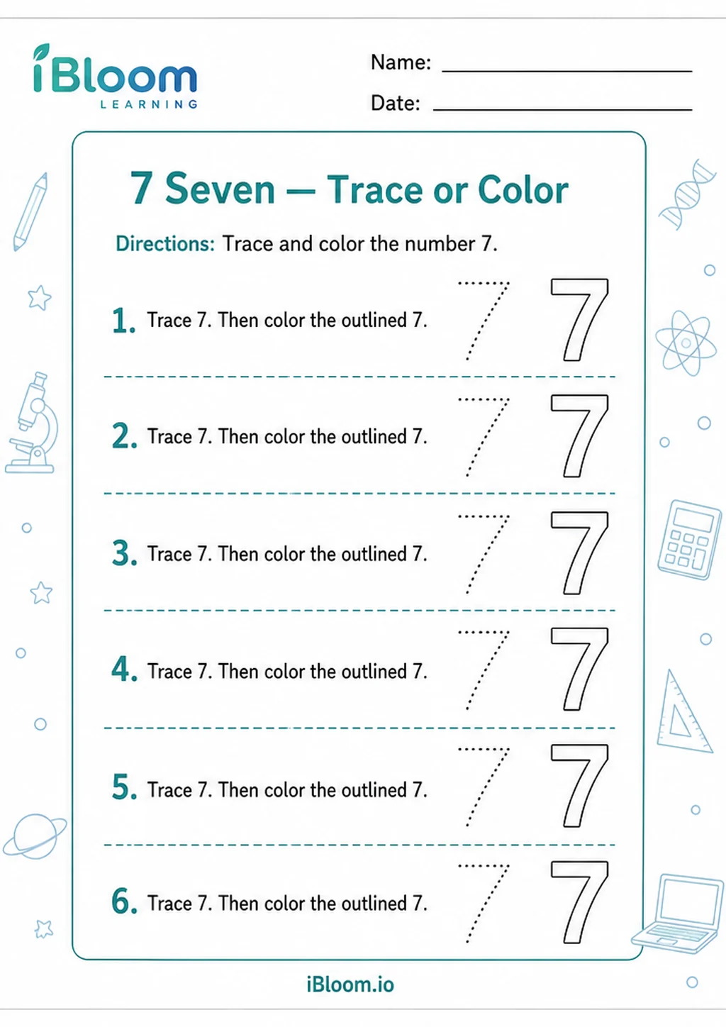 Preview of 7 Seven — Trace or Color worksheet
