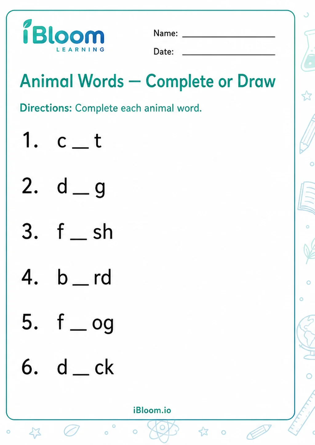 Preview of Animal Words — Complete or Draw worksheet