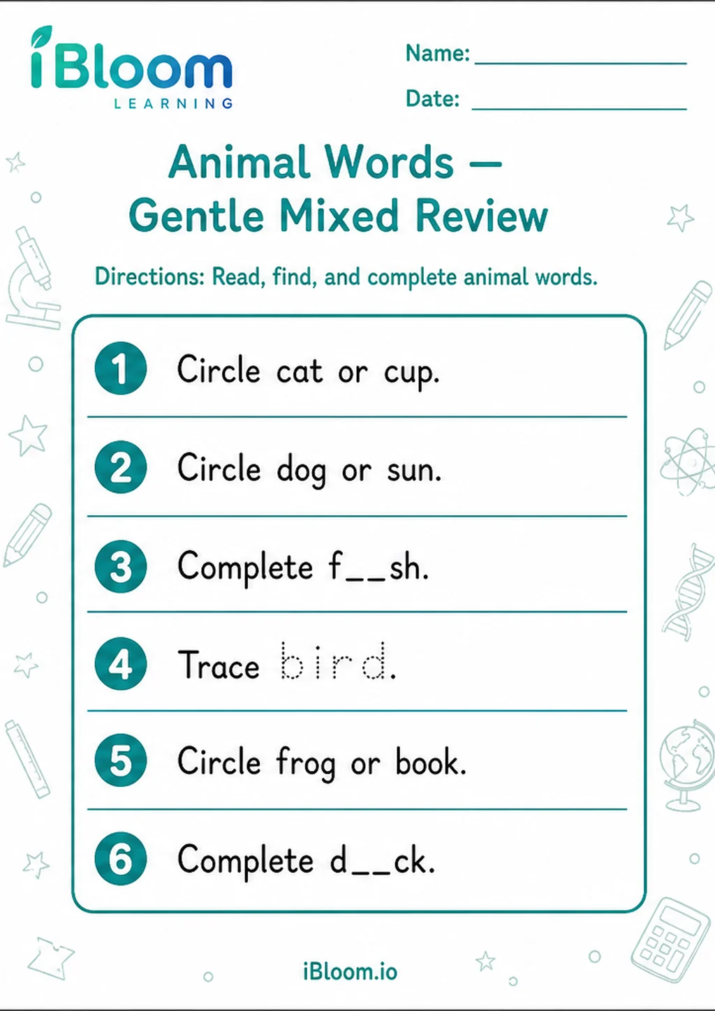 Preview of Animal Words — Gentle Mixed Review worksheet