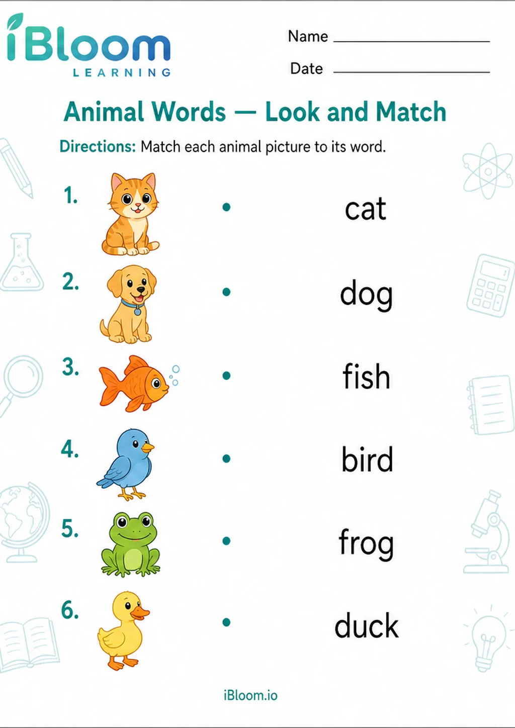 Preview page 1 of Animal Words — Look and Match