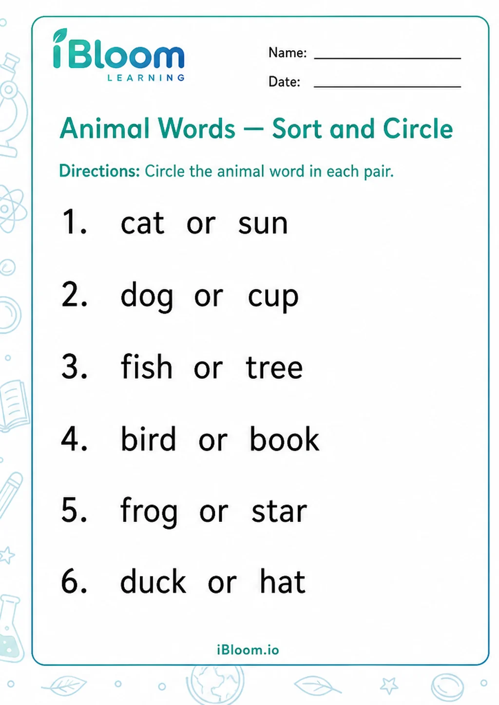 Preview page 1 of Animal Words — Sort and Circle
