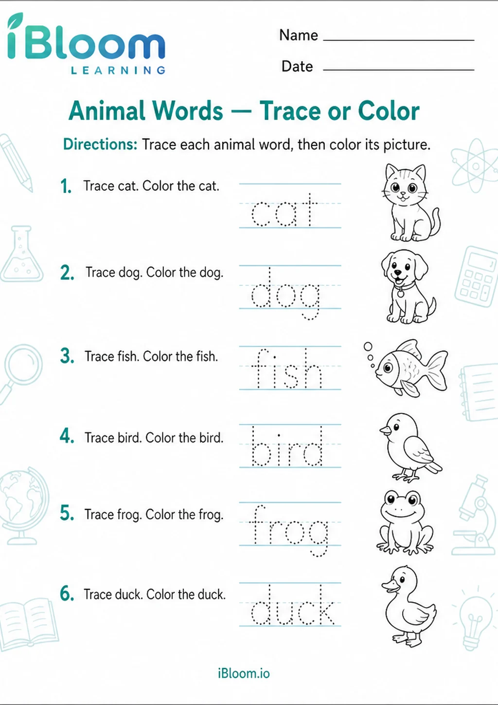 Preview page 1 of Animal Words — Trace or Color