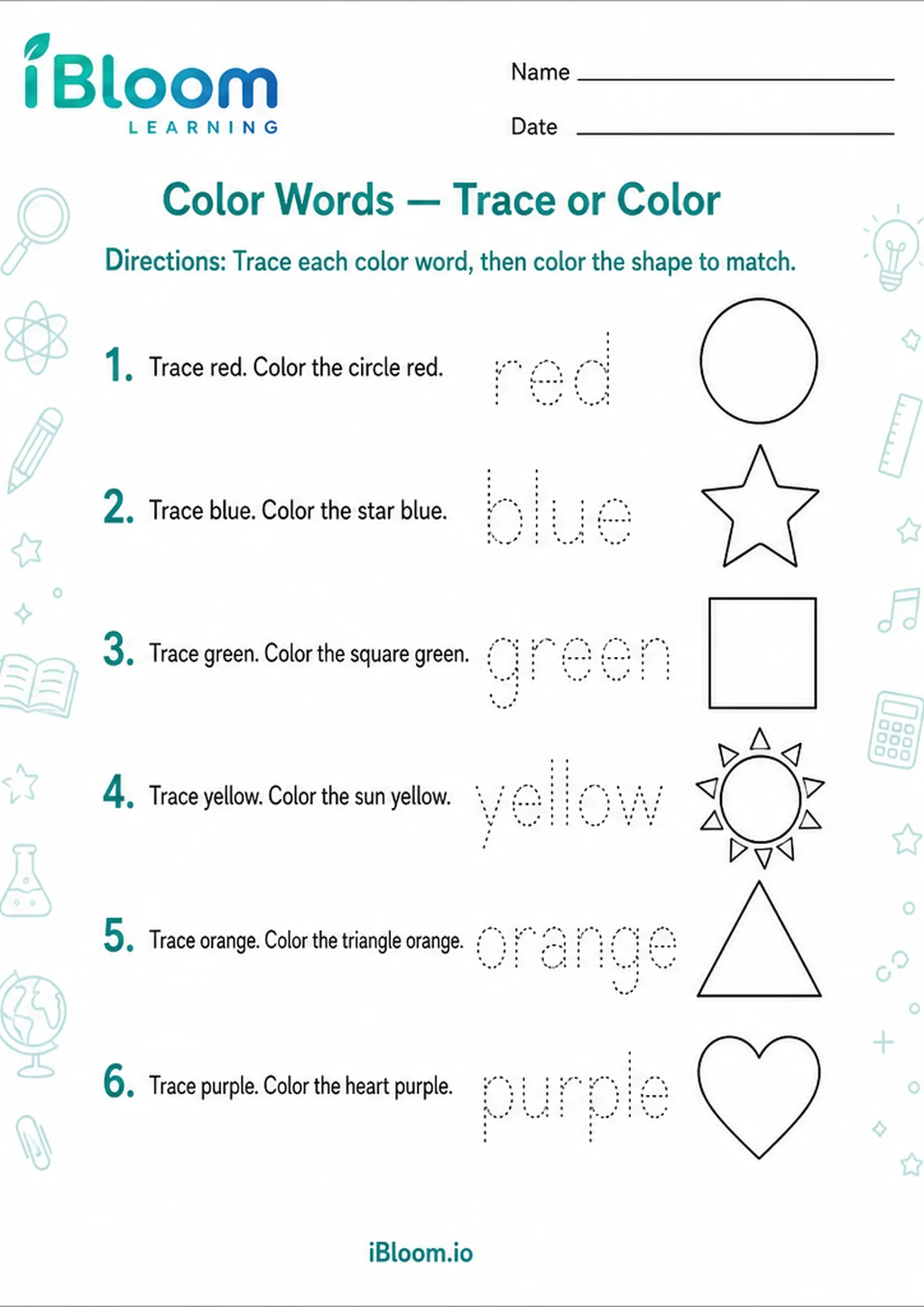 Preview page 1 of Color Words — Trace or Color