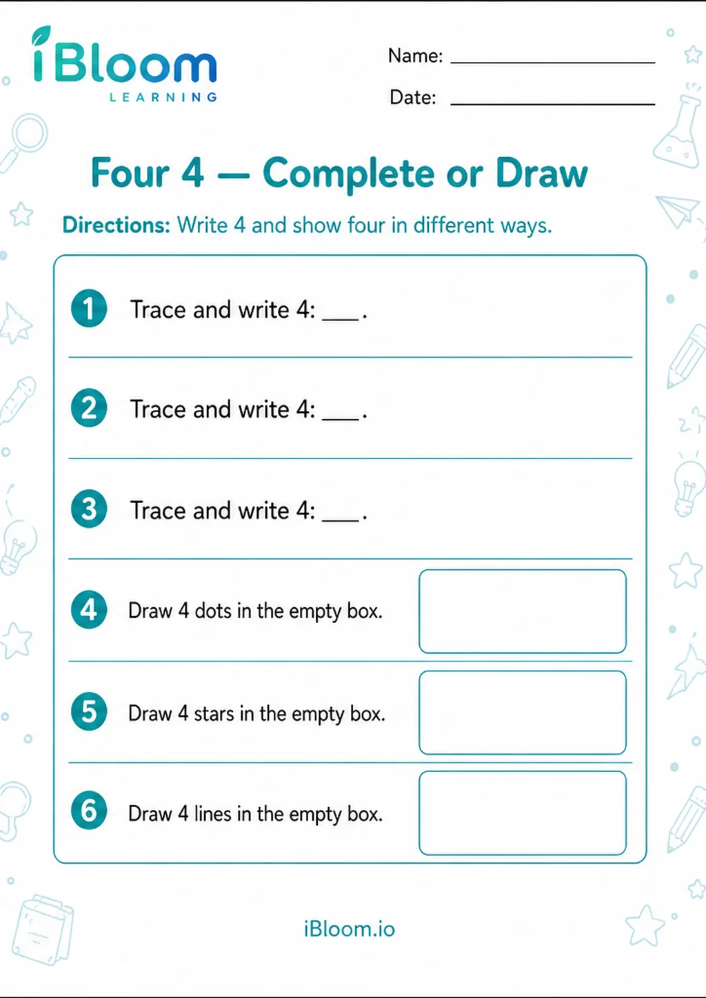 Preview of Four 4 — Complete or Draw worksheet