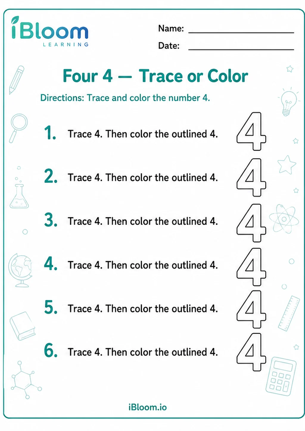 Preview of Four 4 — Trace or Color worksheet