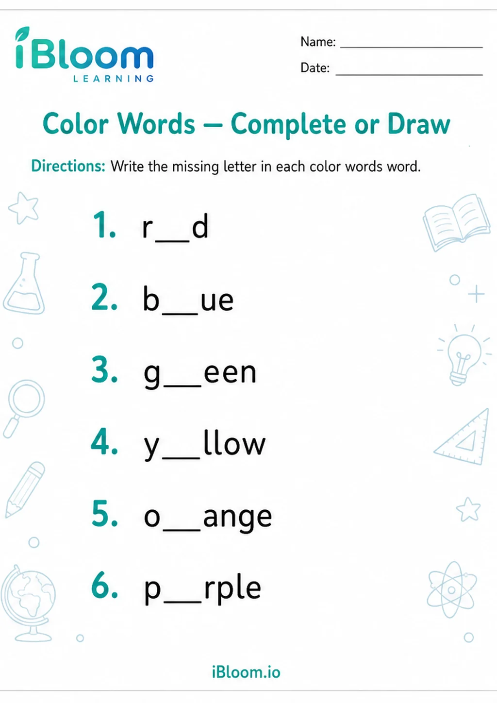 Preview page 1 of Color Words — Complete or Draw