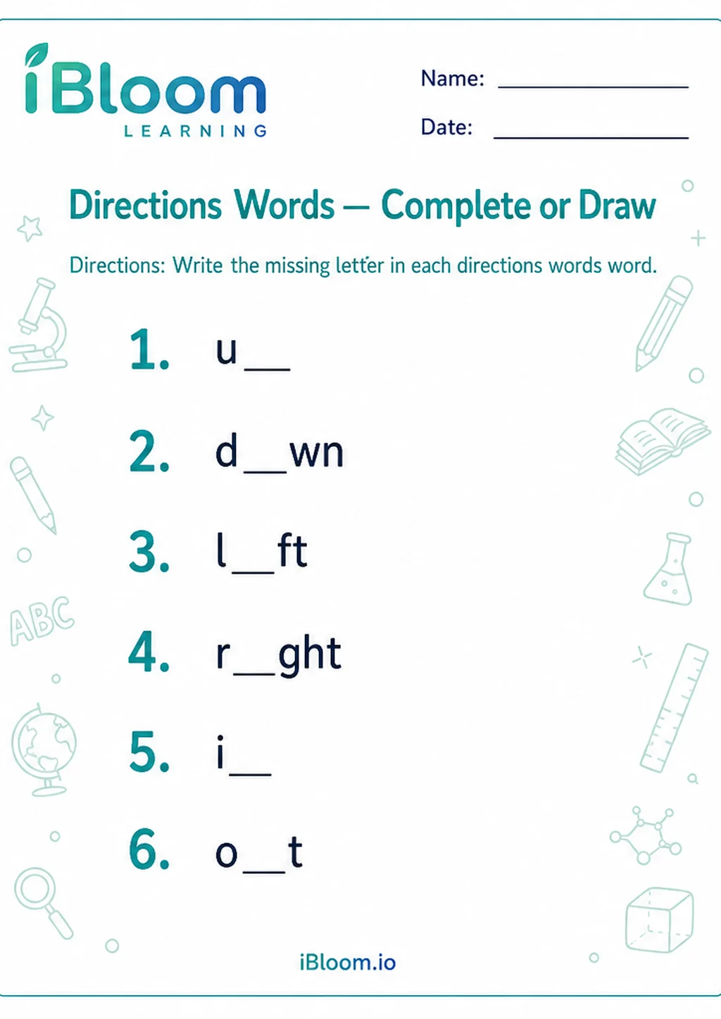 Preview of Directions Words — Complete or Draw worksheet