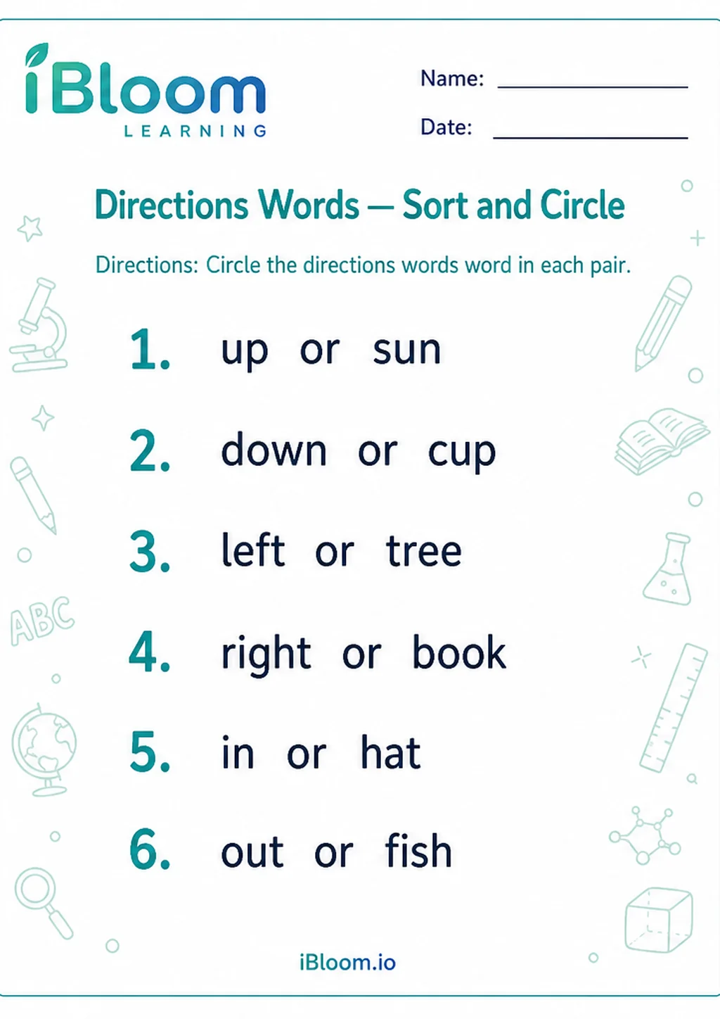 Preview of Directions Words — Sort and Circle worksheet