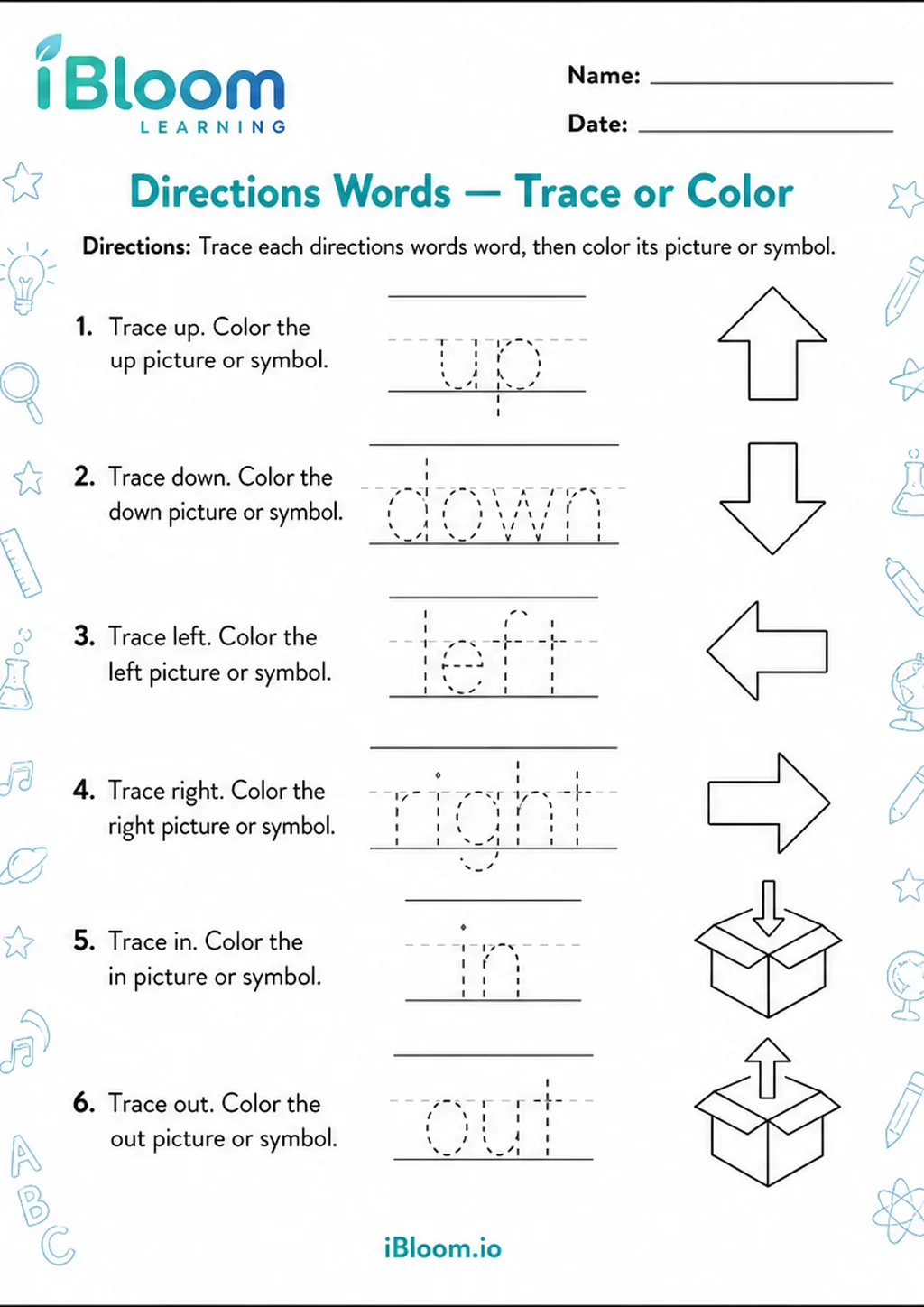 Preview of Directions Words — Trace or Color worksheet