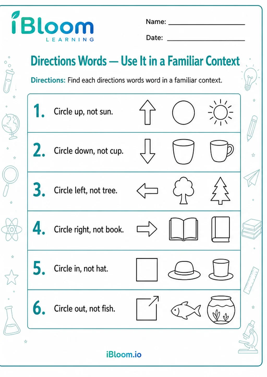 Preview of Directions Words — Use It in a Familiar Context worksheet