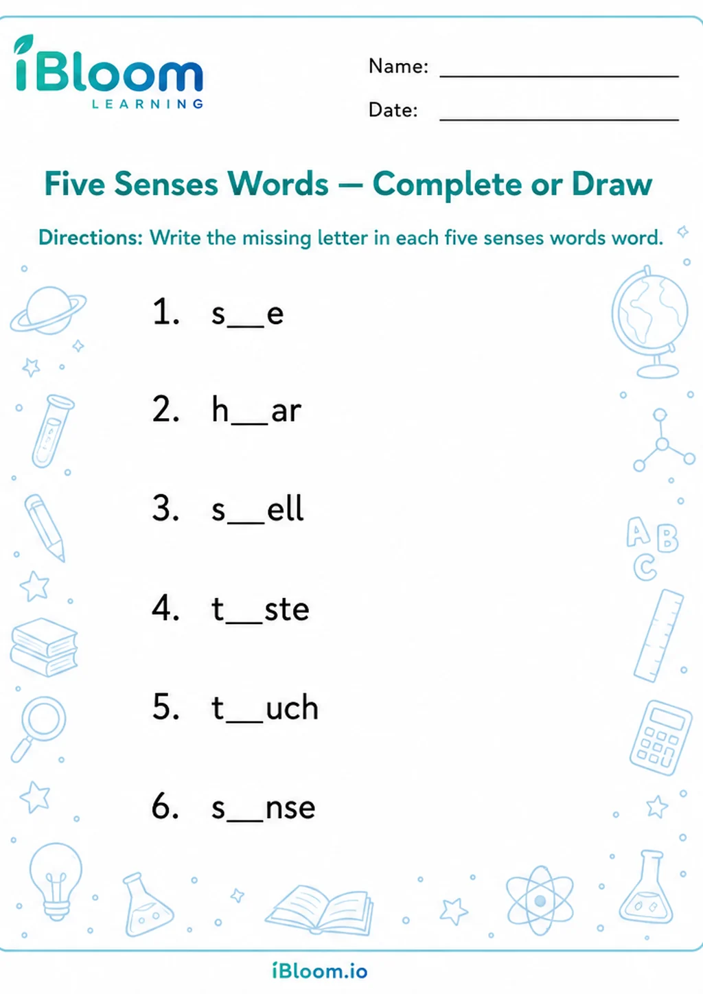Preview page 1 of Five Senses Words — Complete or Draw