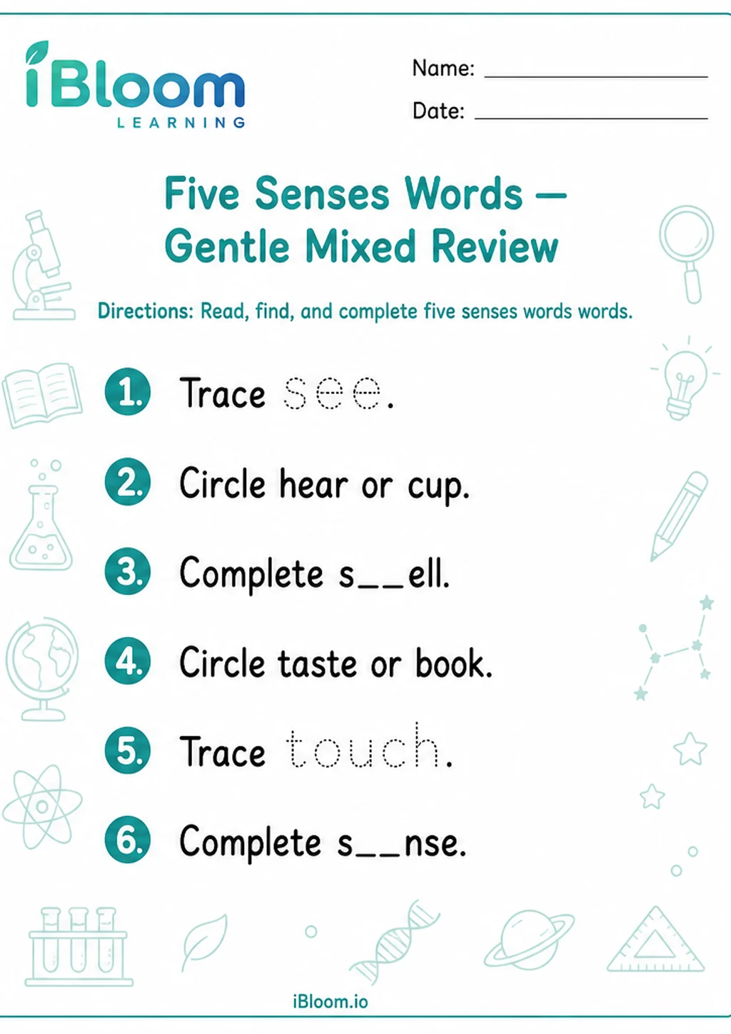 Preview page 1 of Five Senses Words — Gentle Mixed Review