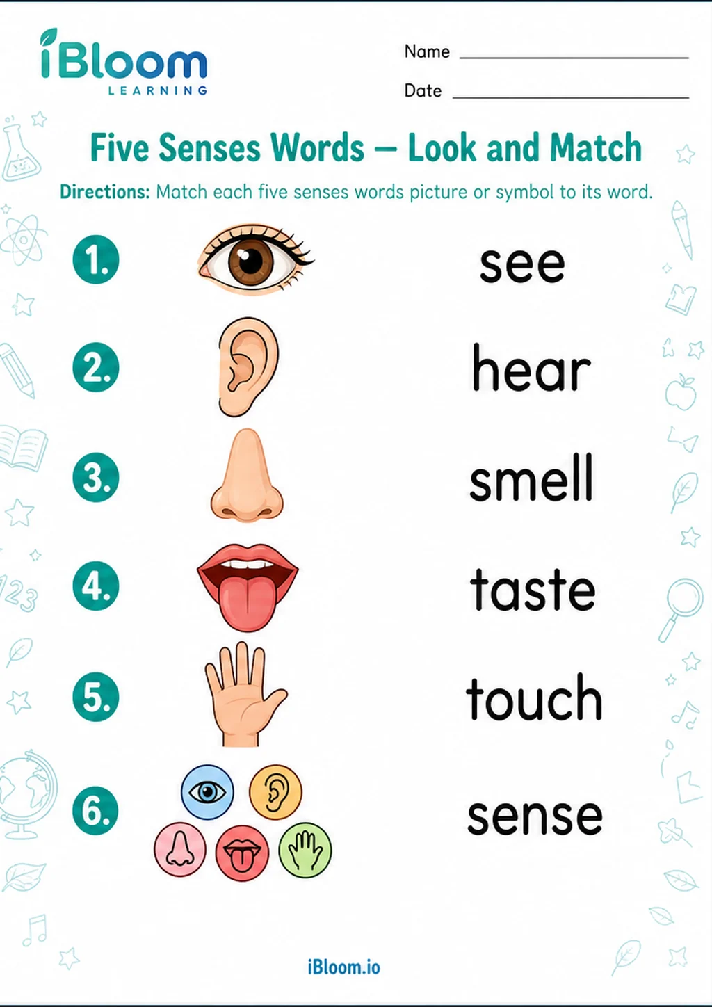 Five Senses Words — Look and Match printable Preschool worksheet preview