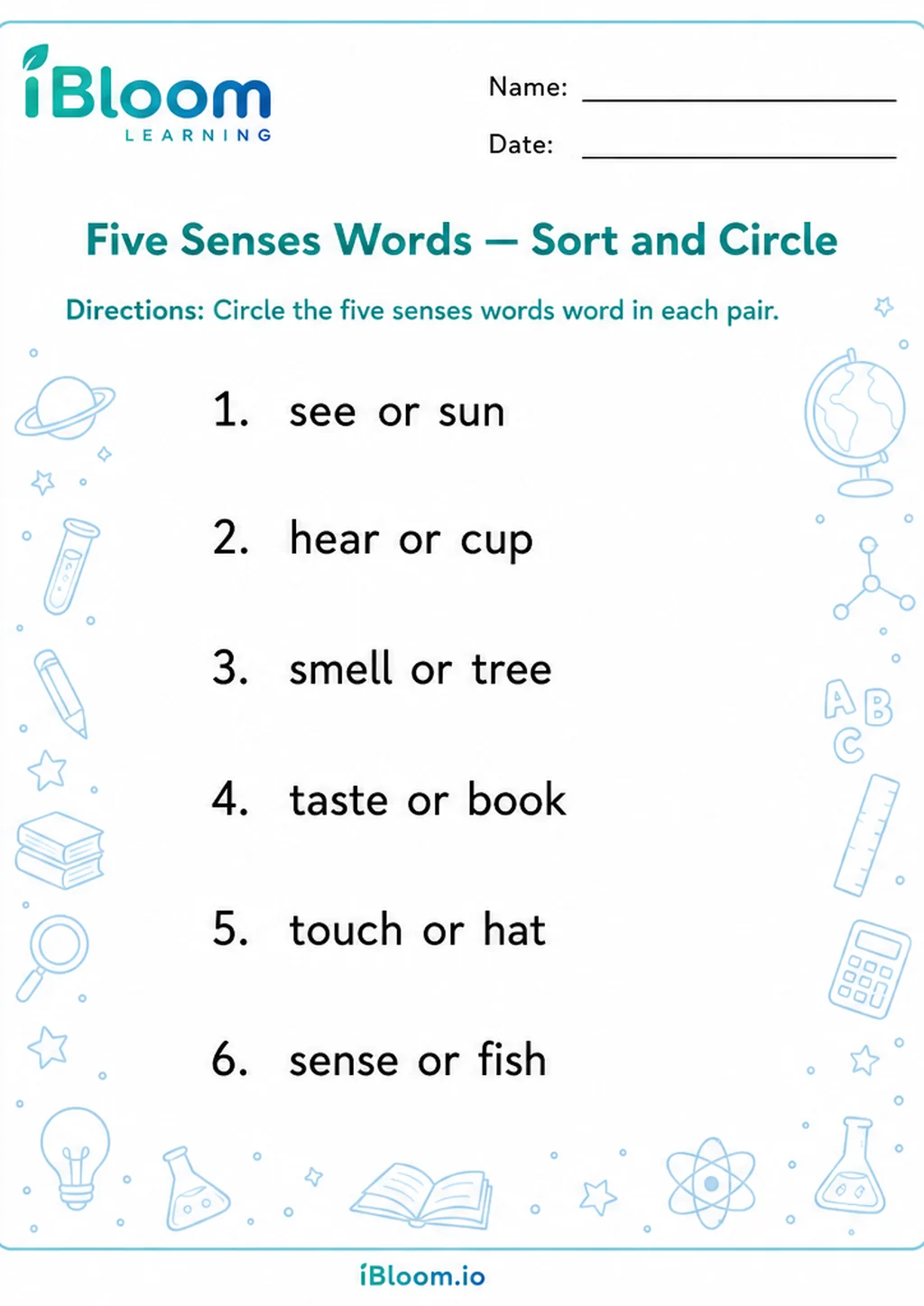Preview of Five Senses Words — Sort and Circle worksheet
