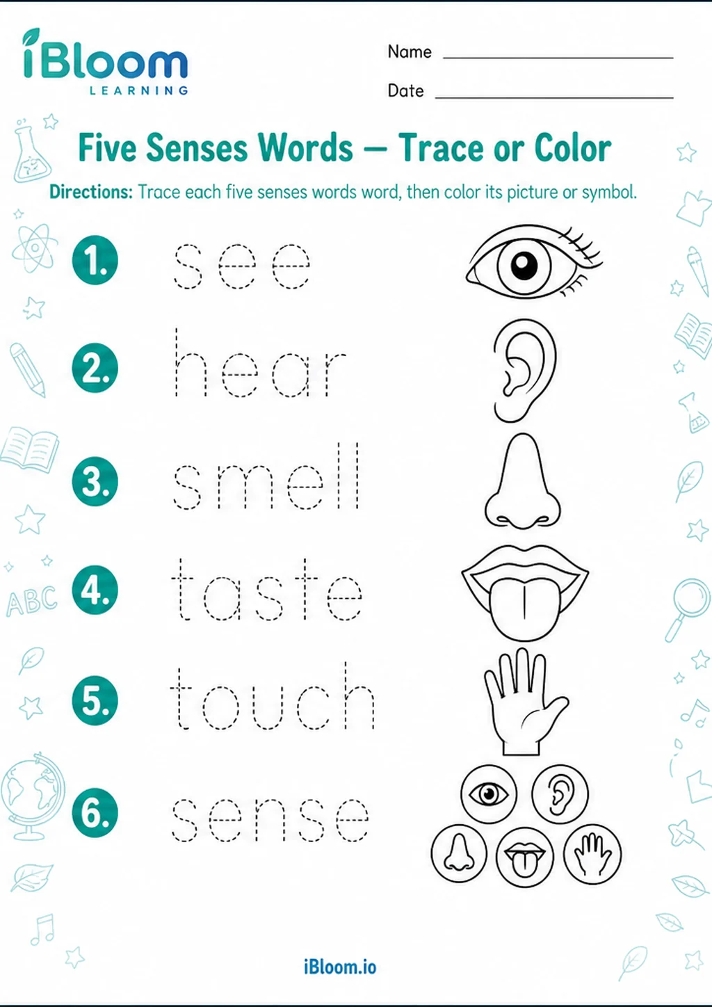 Preview of Five Senses Words — Trace or Color worksheet