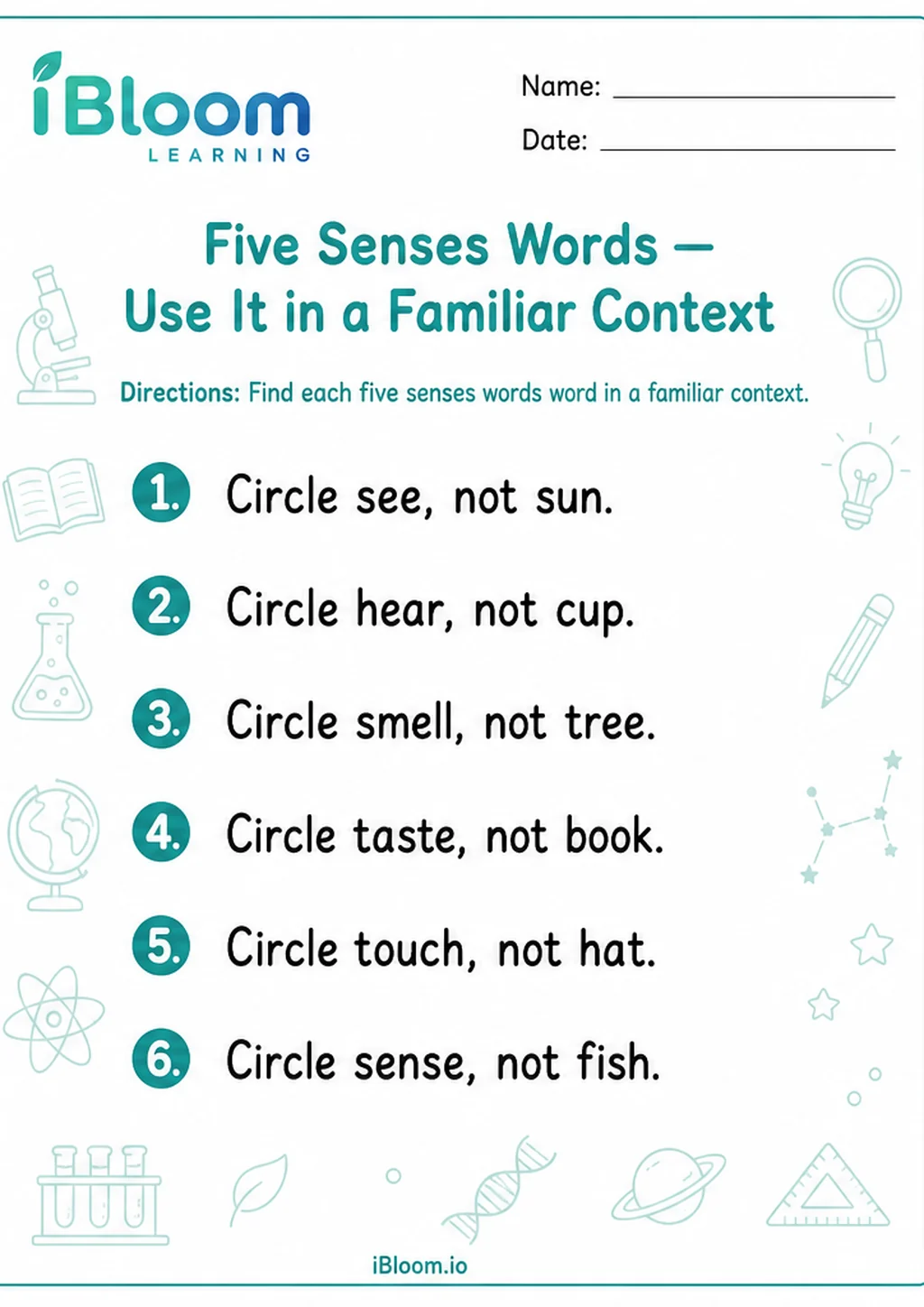 Preview page 1 of Five Senses Words — Use It in a Familiar Context