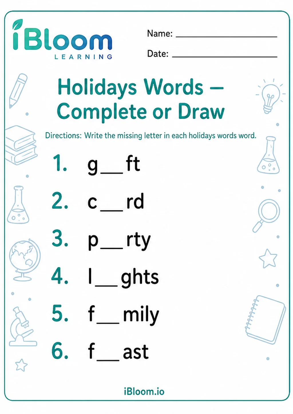 Preview page 1 of Holidays Words — Complete or Draw