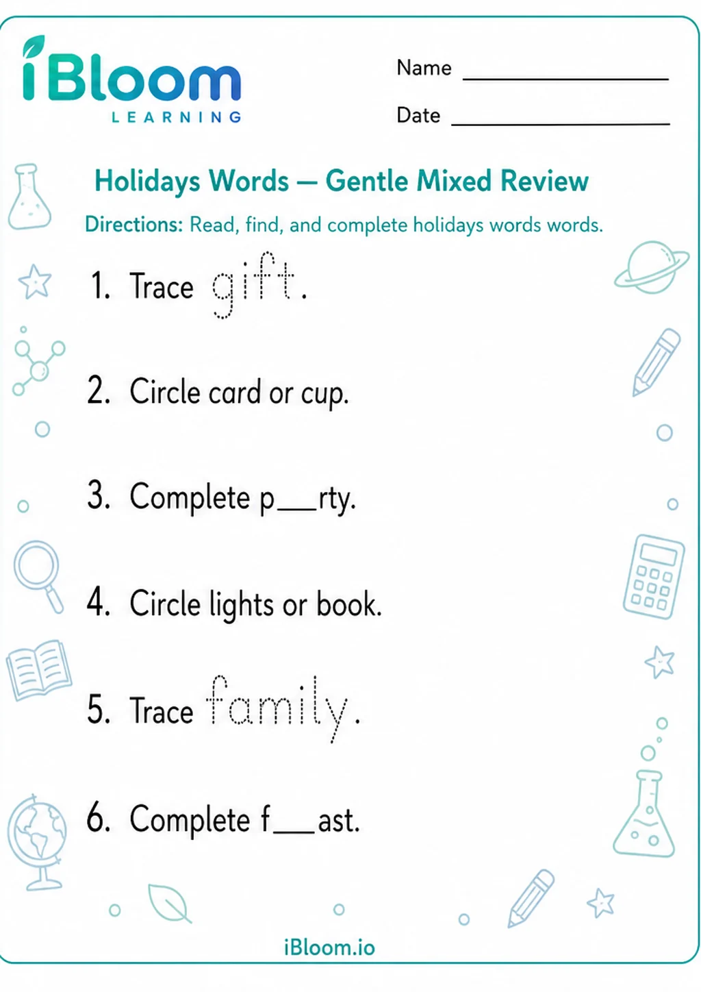 Preview of Holidays Words — Gentle Mixed Review worksheet