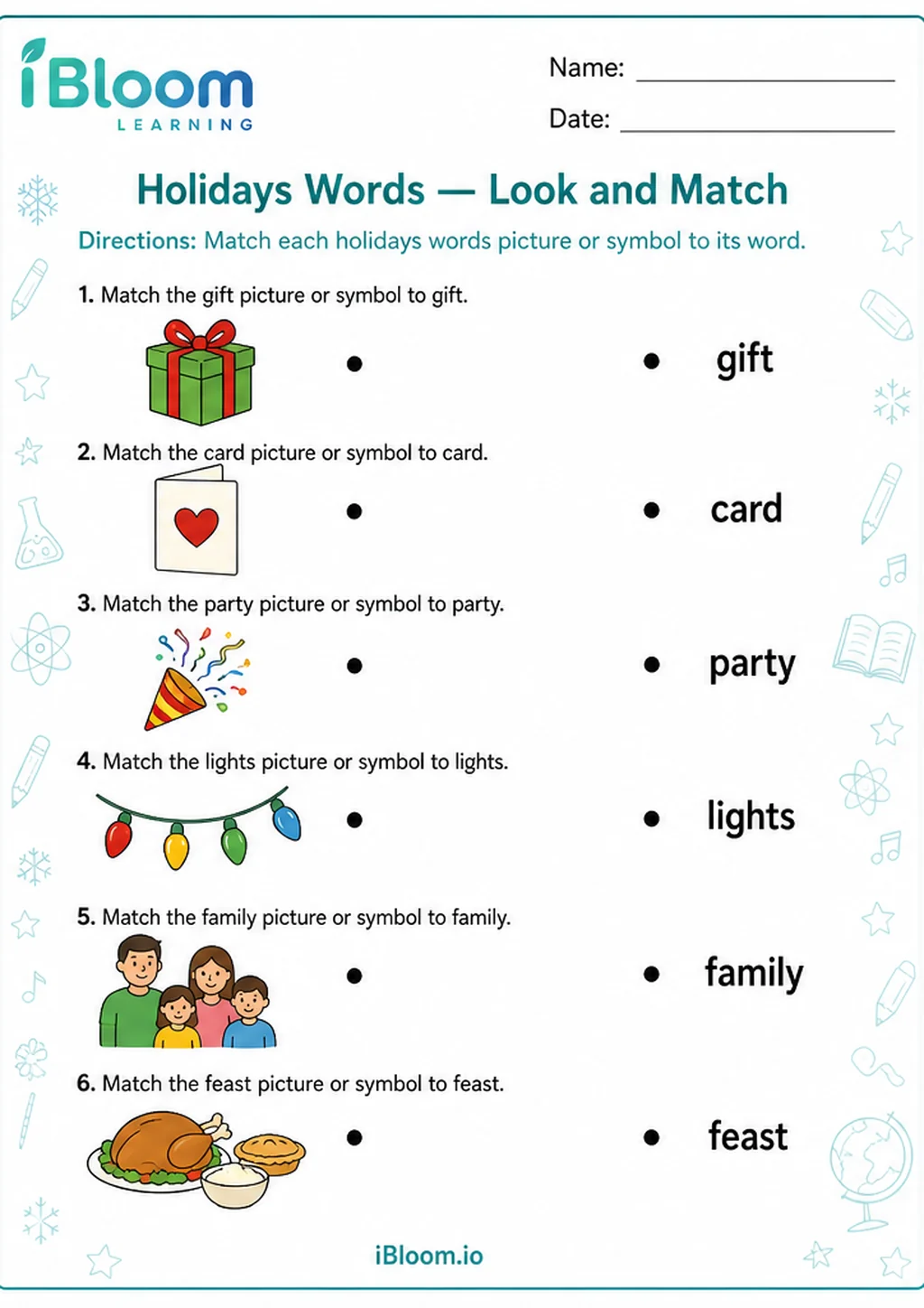 Preview page 1 of Holidays Words — Look and Match